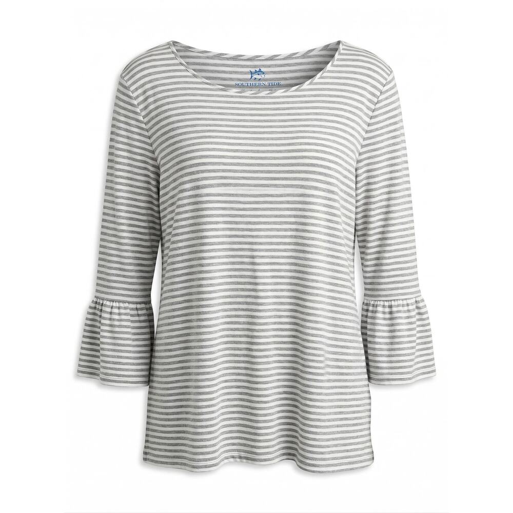 Southern Tide Women L Coastal Nautical Minimalist Staple Striped Bell Sleeve Top